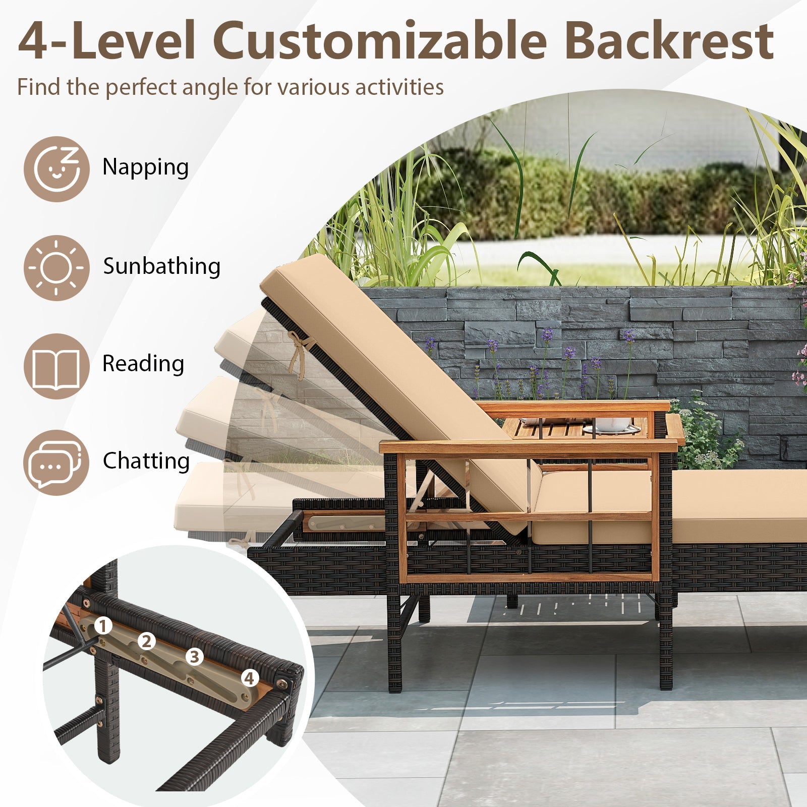 Patio Rattan Chaise Lounge with 4-Level Adjustable Backrest-Beige - Tampa Home & Garden Store