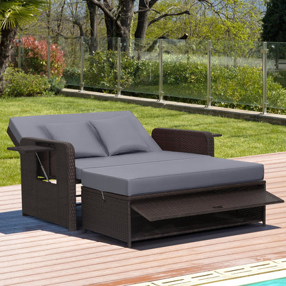 Outdoor Rattan Daybed with Adjustable Backrest & Ottoman, grey cushions, wicker, DirectDeals on Tampa Home & Garden Store