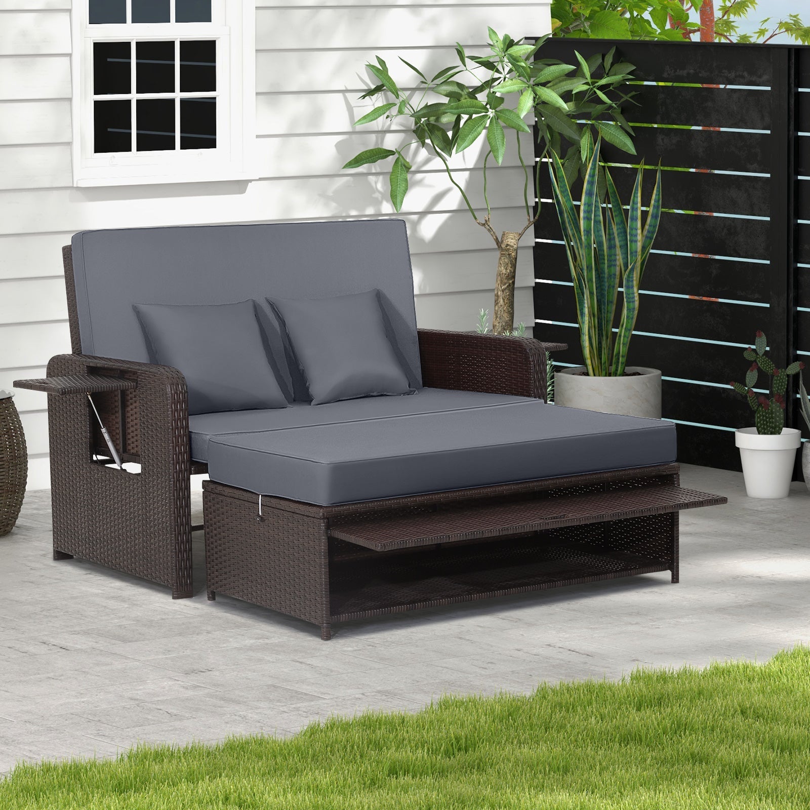 Outdoor rattan daybed with adjustable backrest and ottoman, gray cushions, DirectDeals sectional on Tampa Home & Garden Store
