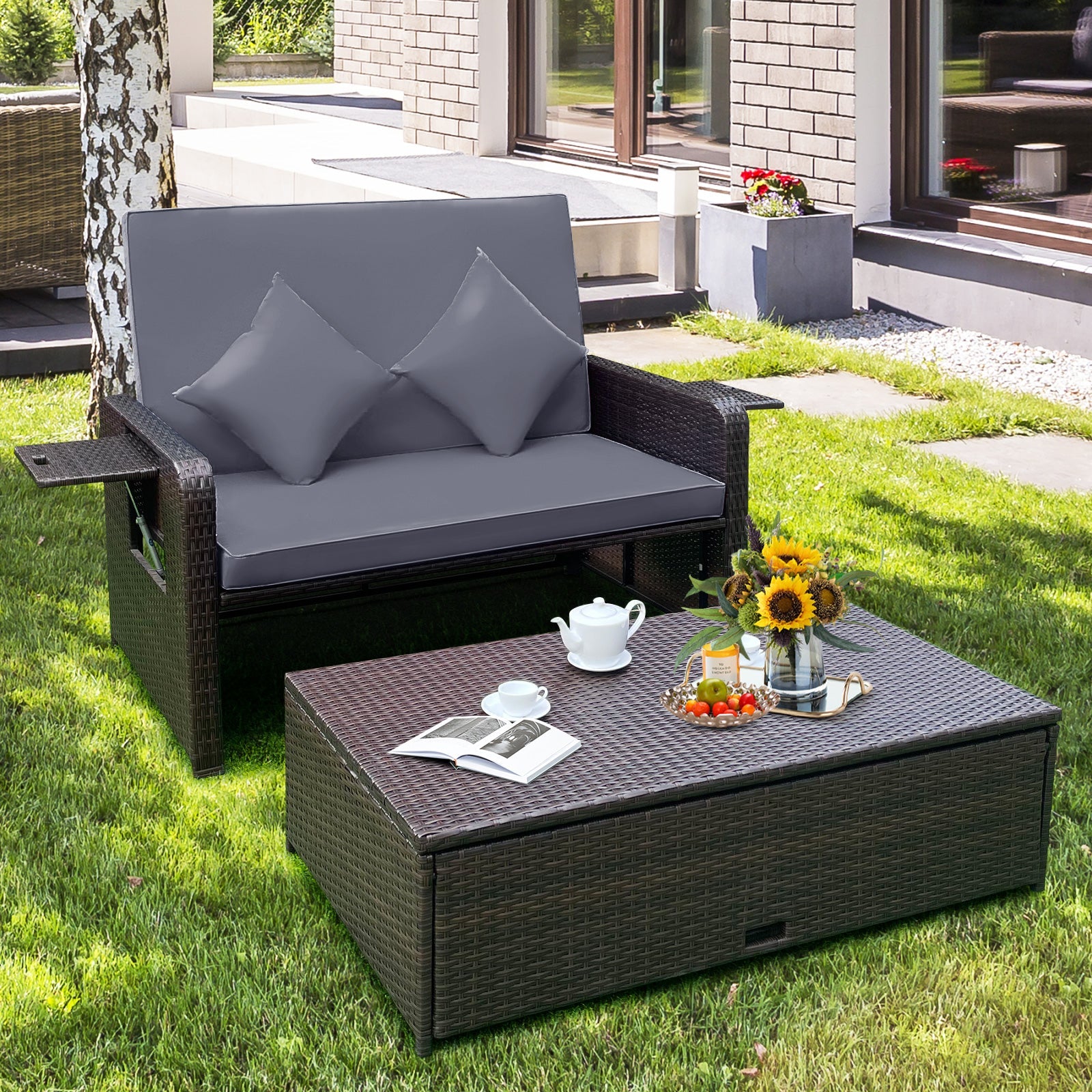 Outdoor Rattan Daybed with Adjustable Backrest & Ottoman, dark brown wicker with gray cushions on Tampa Home & Garden Store