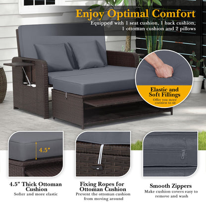 Outdoor Rattan Daybed with Adjustable Backrest & Ottoman, dark gray cushions on wicker on Tampa Home & Garden Store