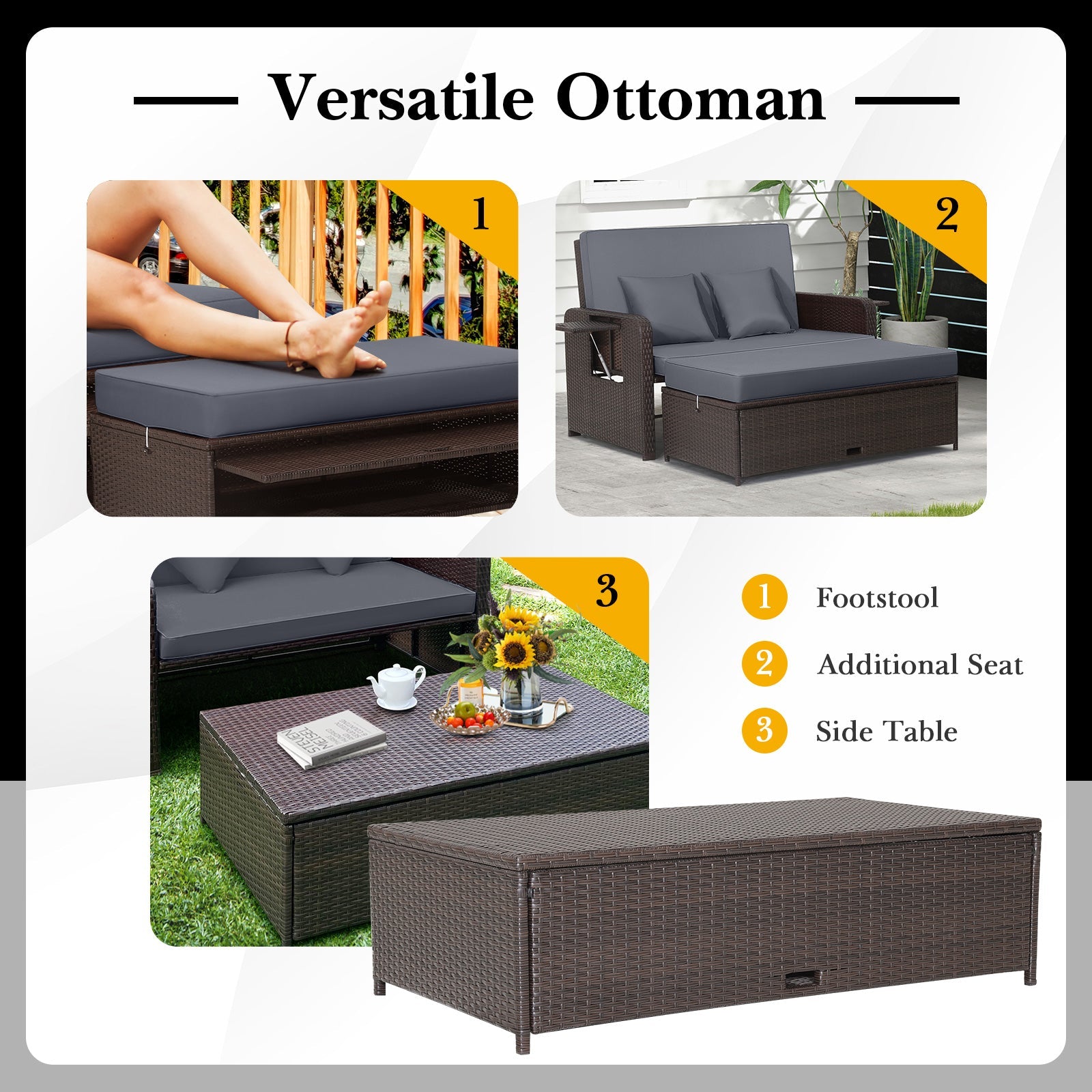 DirectDeals rattan daybed with adjustable backrest and ottoman in dark wicker cushions on Tampa Home & Garden Store