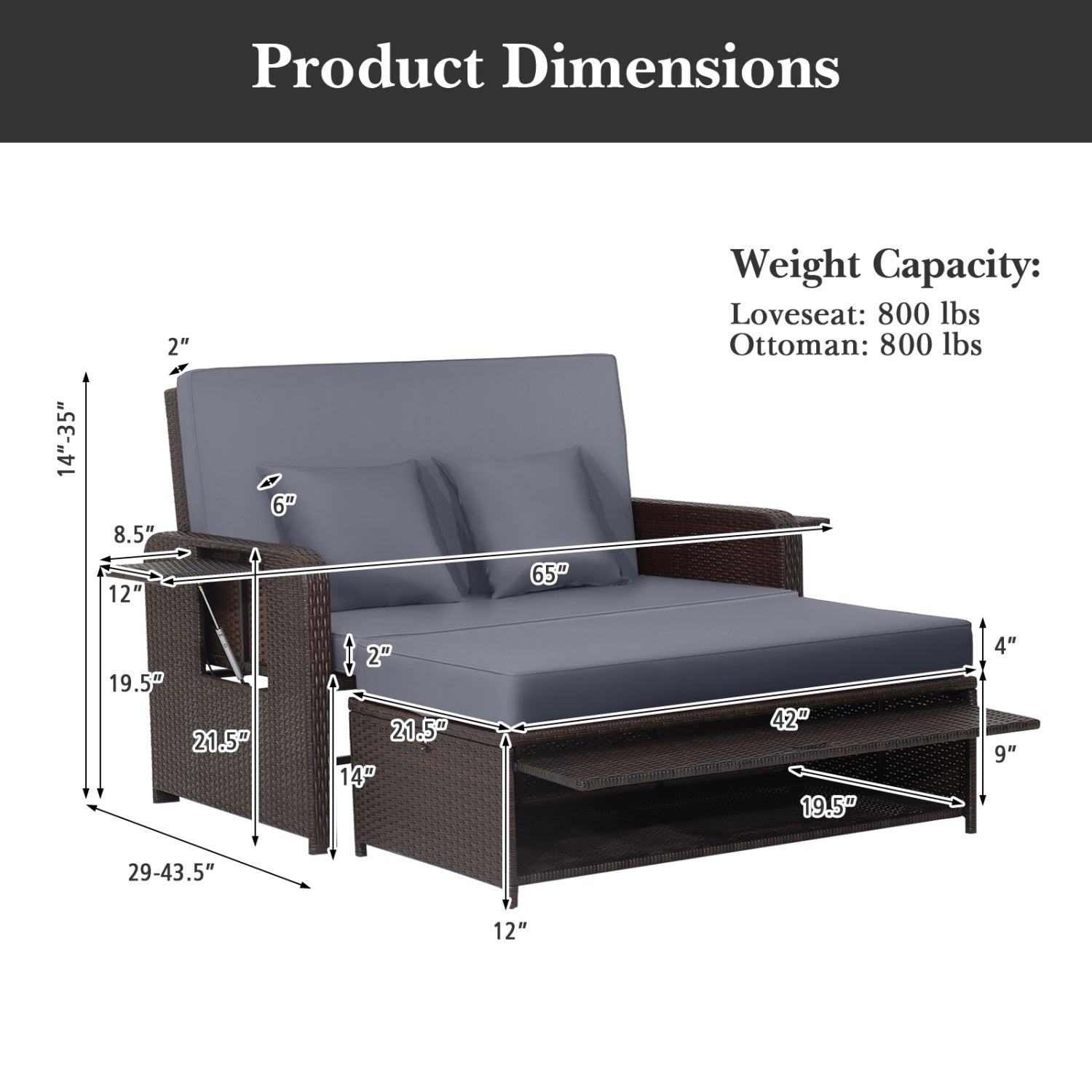 Outdoor rattan daybed with adjustable backrest and ottoman, gray cushions on Tampa Home & Garden Store