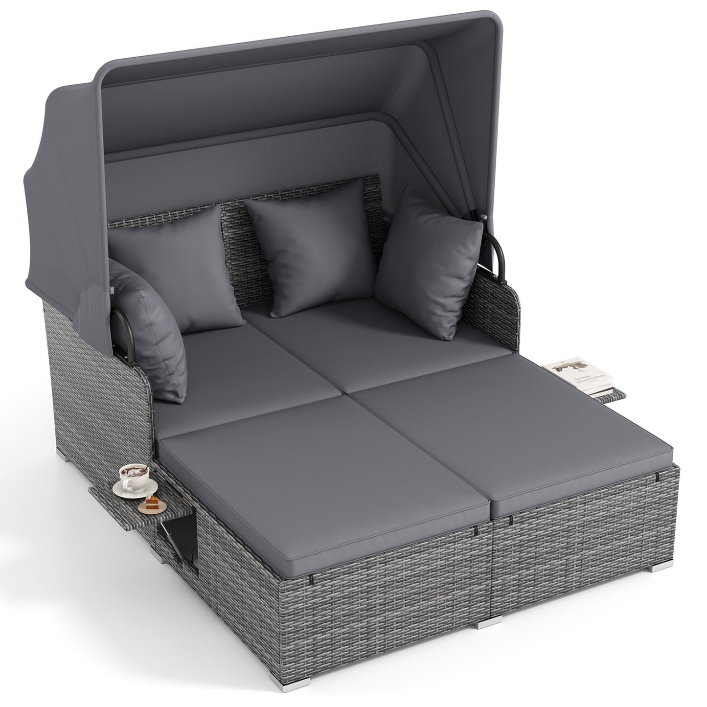 Patio Rattan Daybed with Retractable Canopy and Side Tables-Red