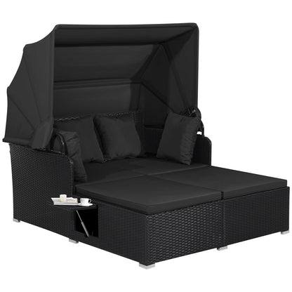 Patio Rattan Daybed with Retractable Canopy and Side Tables-Red