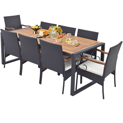 9 Pieces  Patio Rattan Dining Set with Acacia Wood Table for Backyard  Garden-L-shaped Handrail