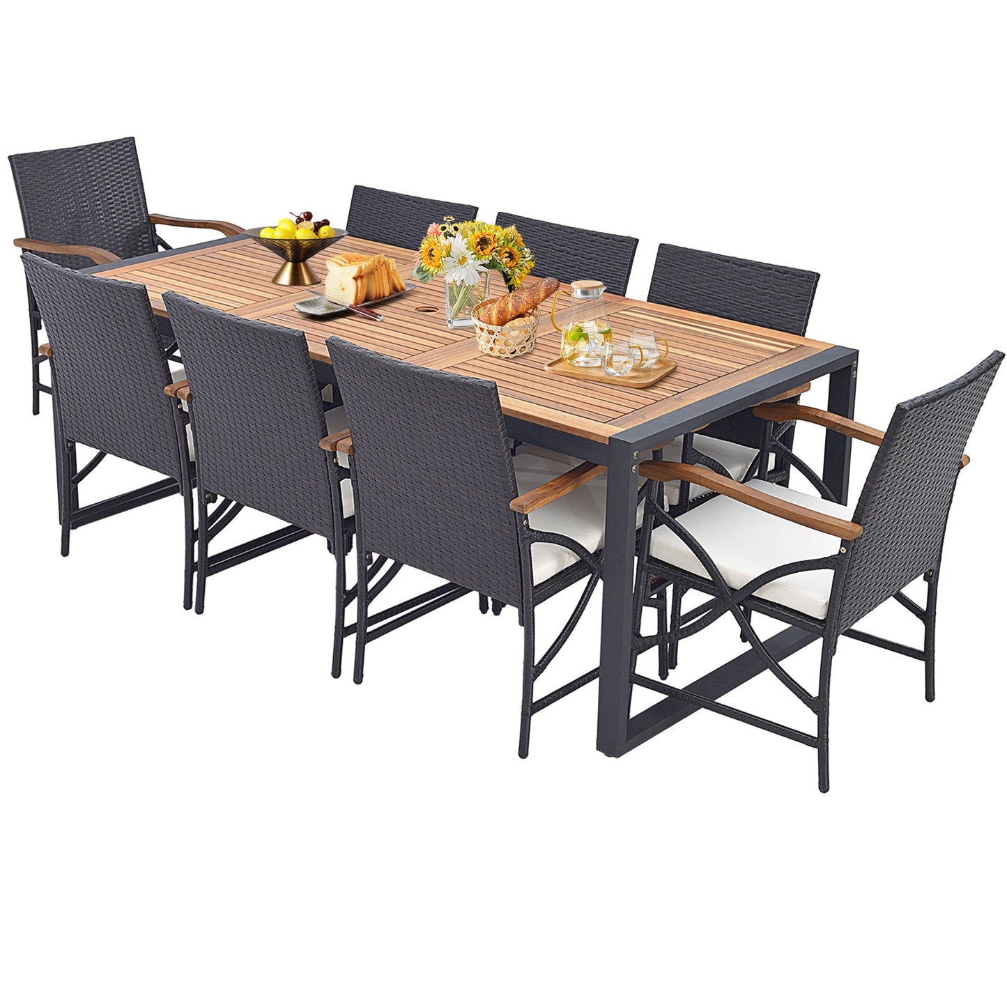 9 Pieces  Patio Rattan Dining Set with Acacia Wood Table for Backyard  Garden-L-shaped Handrail