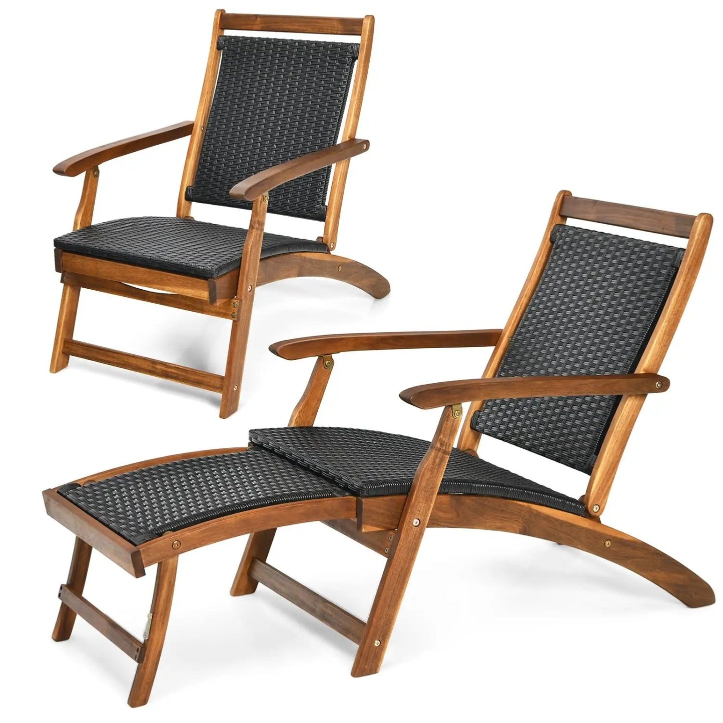 Patio Rattan Folding Lounge Chairs with Acacia