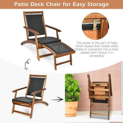 Patio Rattan Folding Lounge Chairs with Acacia