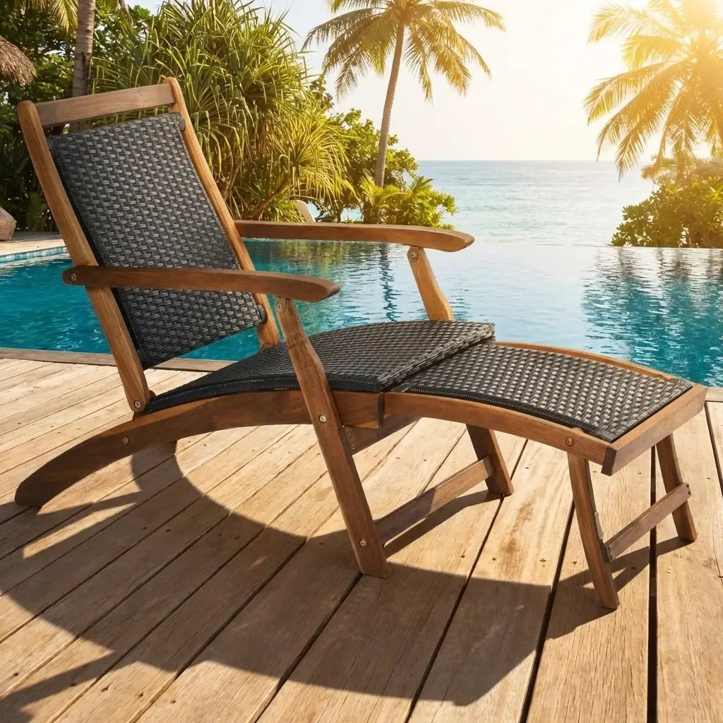Patio Rattan Folding Lounge Chairs with Acacia