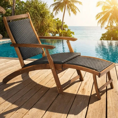 Patio Rattan Folding Lounge Chairs with Acacia