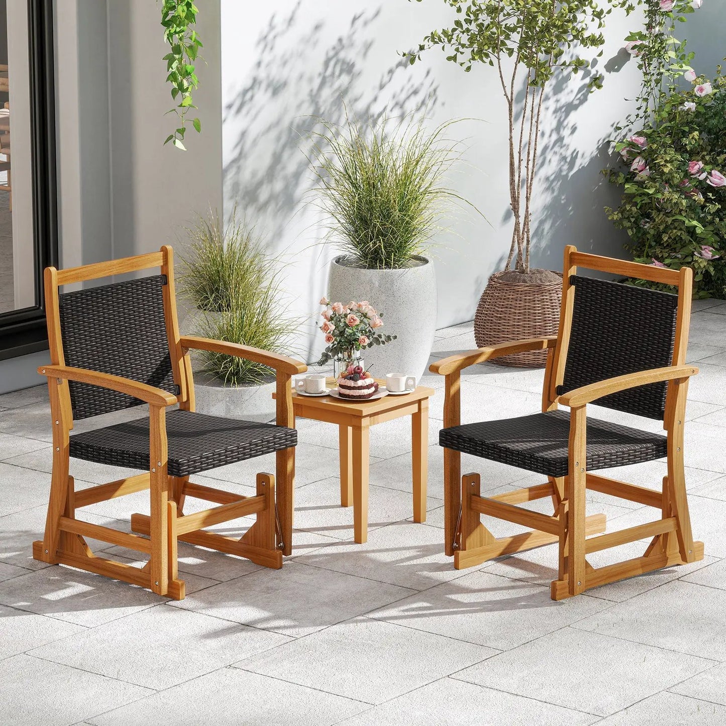 Rattan Glider Chair with Acacia Wood Frame