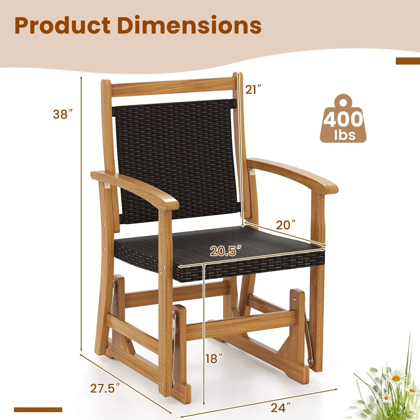 Rattan Glider Chair with Acacia Wood Frame