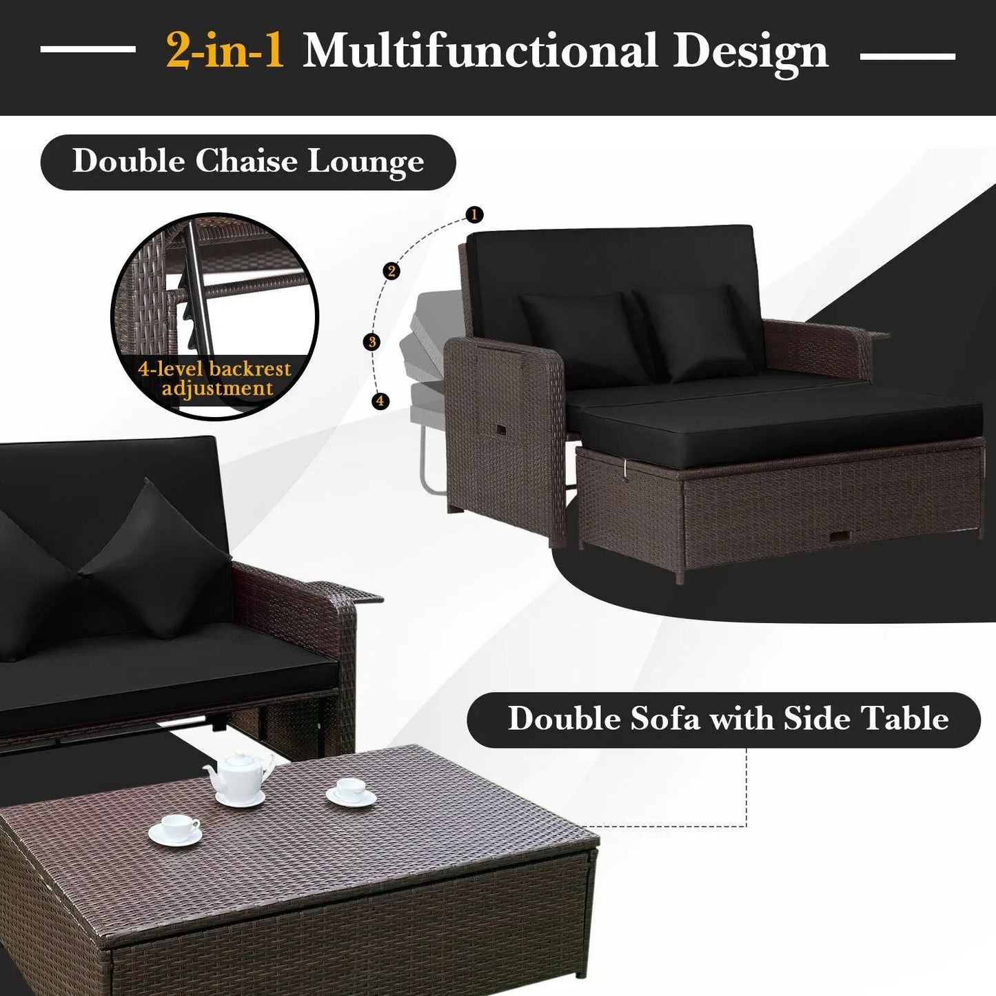 Outdoor Rattan Daybed With 4-Position Backrest
