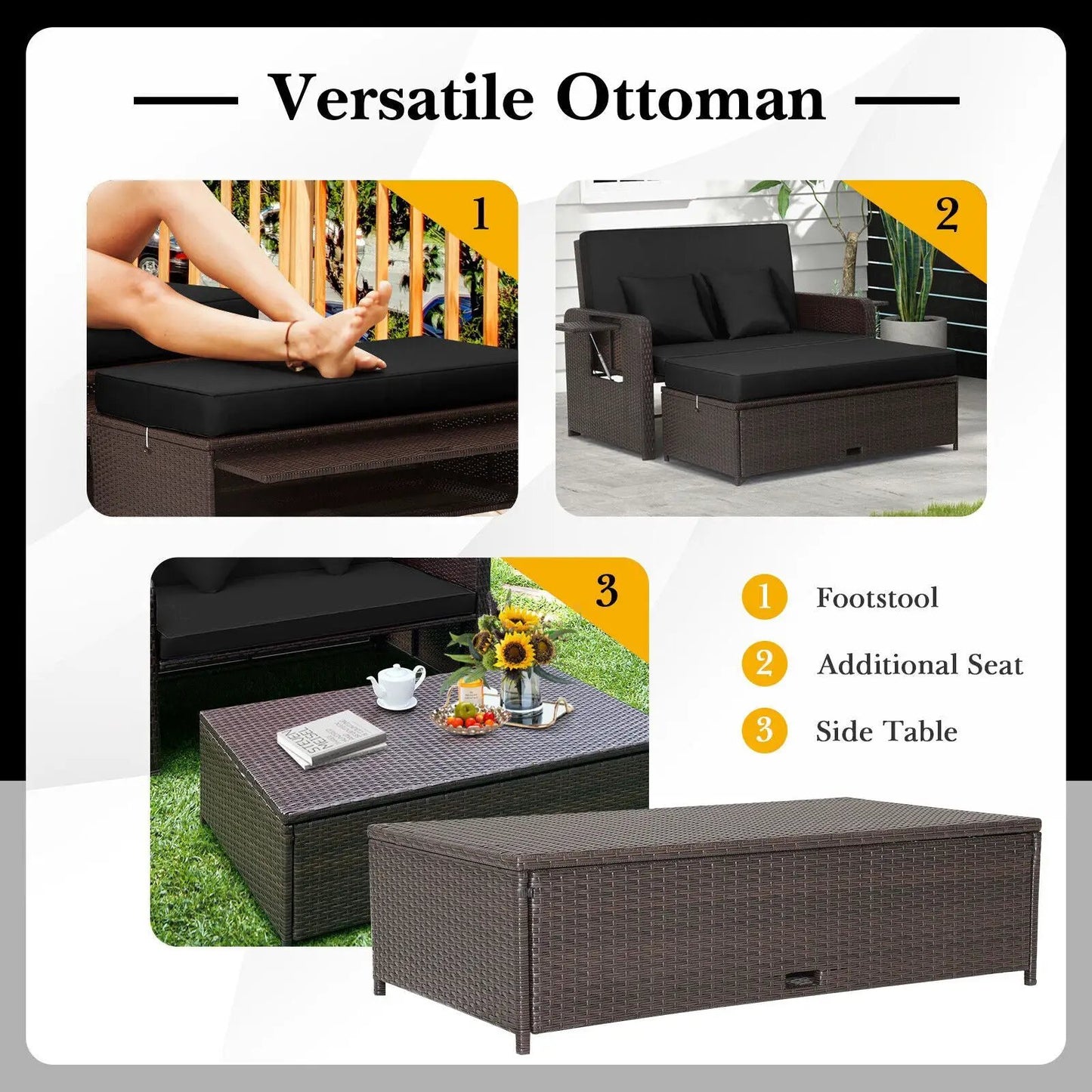 Outdoor Rattan Daybed With 4-Position Backrest