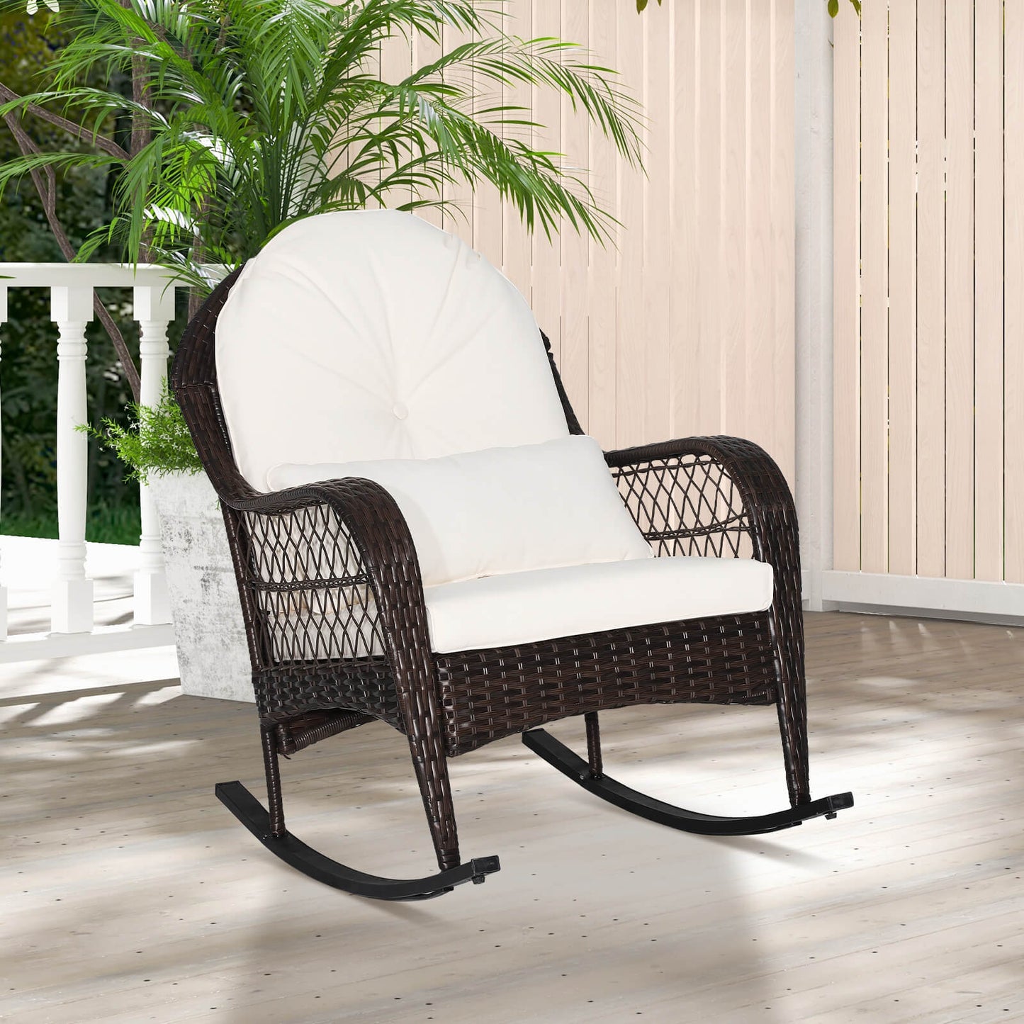 Mecedora de ratán para patio con cojines de asiento y almohada lumbar - Blanca
