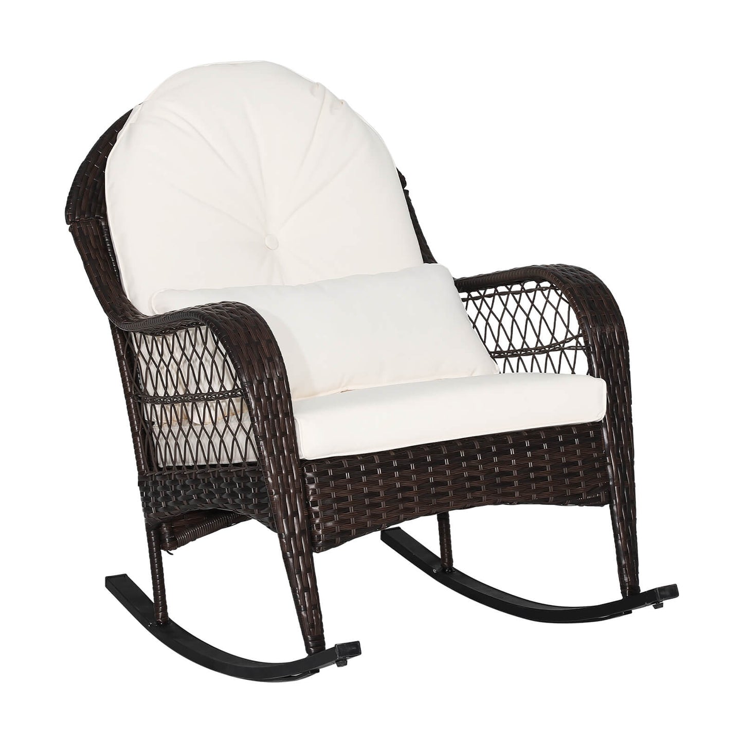 Mecedora de Patio de Ratán con Cojines de Respaldo y Almohada Lumbar - Negra