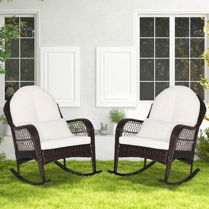 Mecedora de ratán para patio con cojines de asiento y almohada lumbar - Blanca