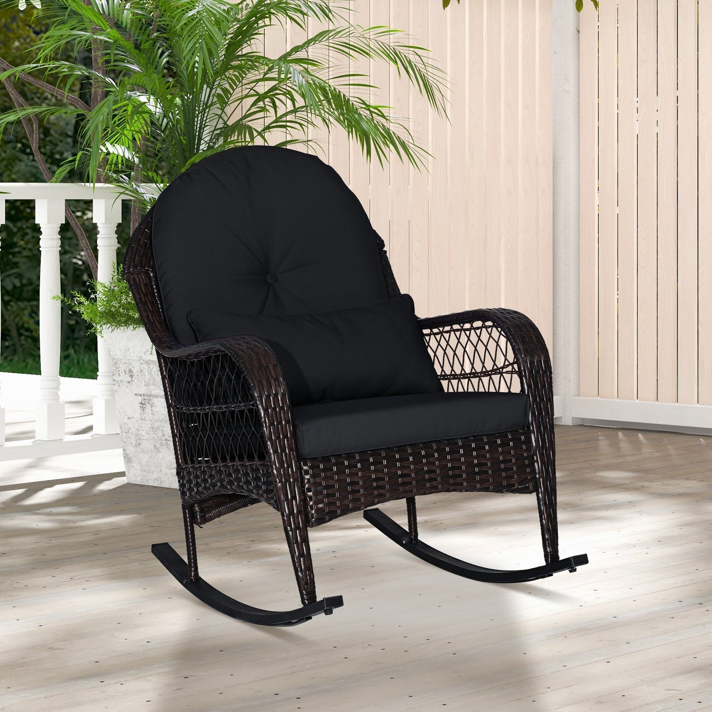 Mecedora de Patio de Ratán con Cojines de Respaldo y Almohada Lumbar - Negra