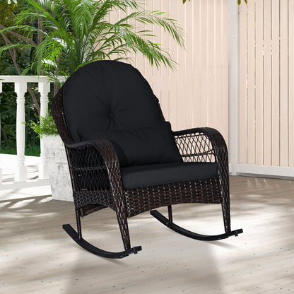 Mecedora de Patio de Ratán con Cojines de Respaldo y Almohada Lumbar - Negra