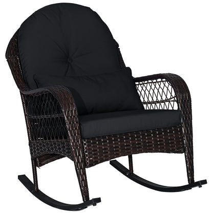Mecedora de Patio de Ratán con Cojines de Respaldo y Almohada Lumbar - Negra