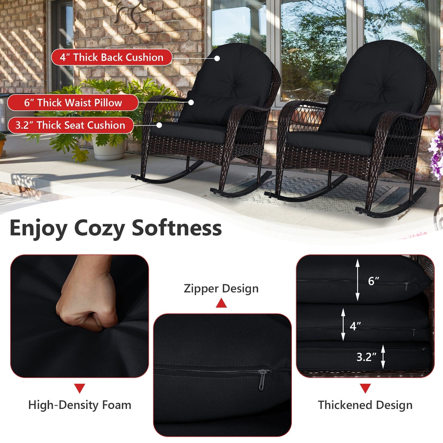 Mecedora de Patio de Ratán con Cojines de Respaldo y Almohada Lumbar - Negra