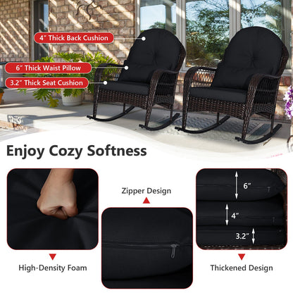 Mecedora de Patio de Ratán con Cojines de Respaldo y Almohada Lumbar - Negra