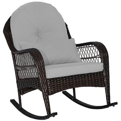Mecedora de Patio de Ratán con Cojines de Respaldo y Almohada Lumbar - Negra