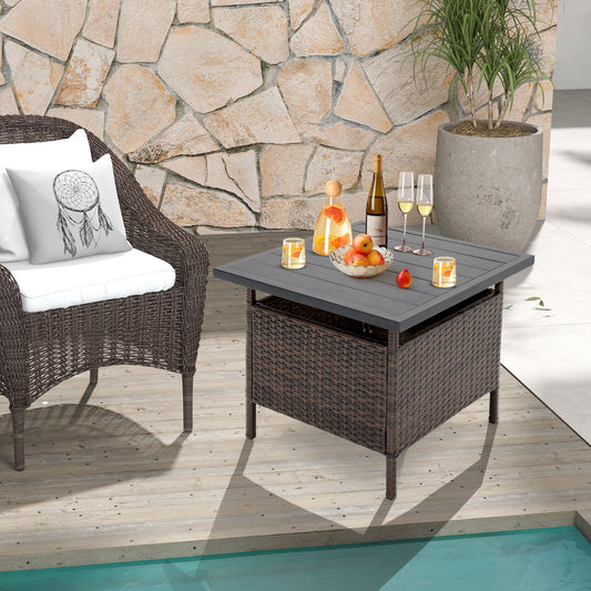 Patio Square Wicker Side Table with Umbrella Hole for Yard Garden Poolside - Tampa Home & Garden Store