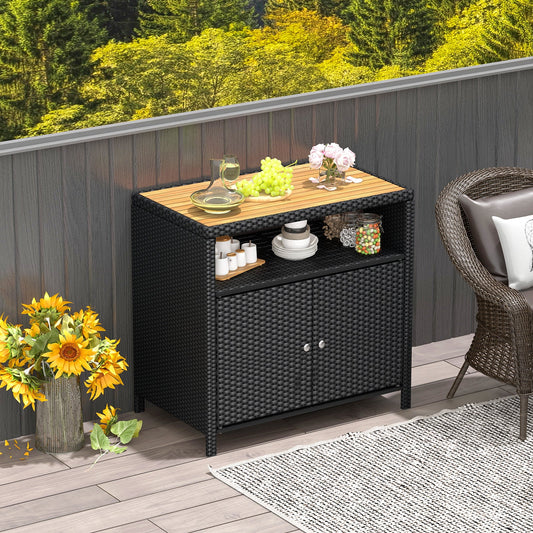 Gabinete de Almacenamiento de Ratán con Encimera de Madera de Acacia para Cubierta de Piscina y Patio-Negro