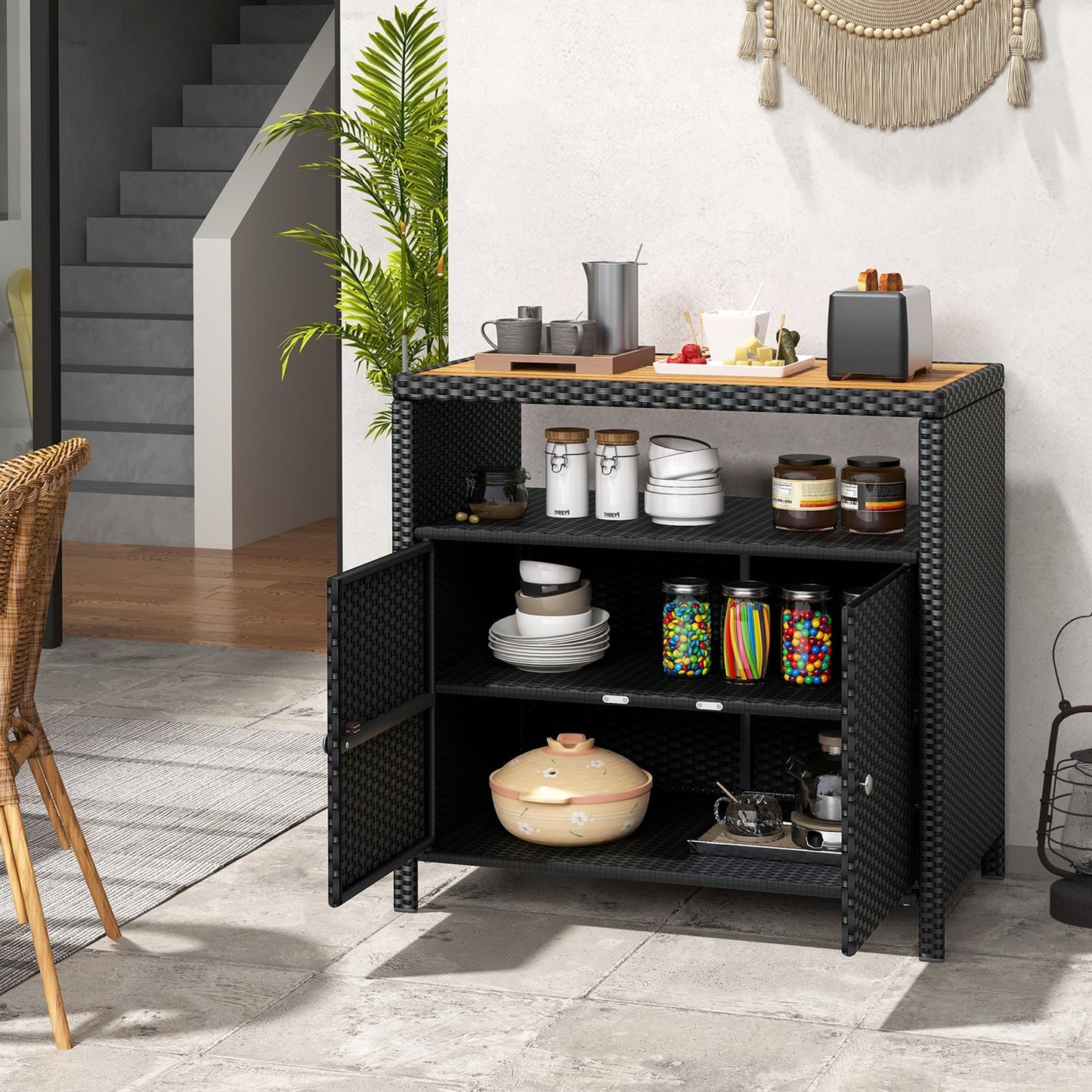 Gabinete de Almacenamiento de Ratán con Encimera de Madera de Acacia para Cubierta de Piscina y Patio-Negro