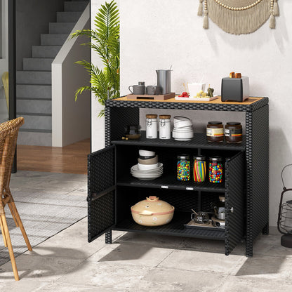 Gabinete de Almacenamiento de Ratán con Encimera de Madera de Acacia para Cubierta de Piscina y Patio-Negro