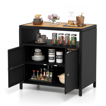 Gabinete de Almacenamiento de Ratán con Encimera de Madera de Acacia para Cubierta de Piscina y Patio-Negro