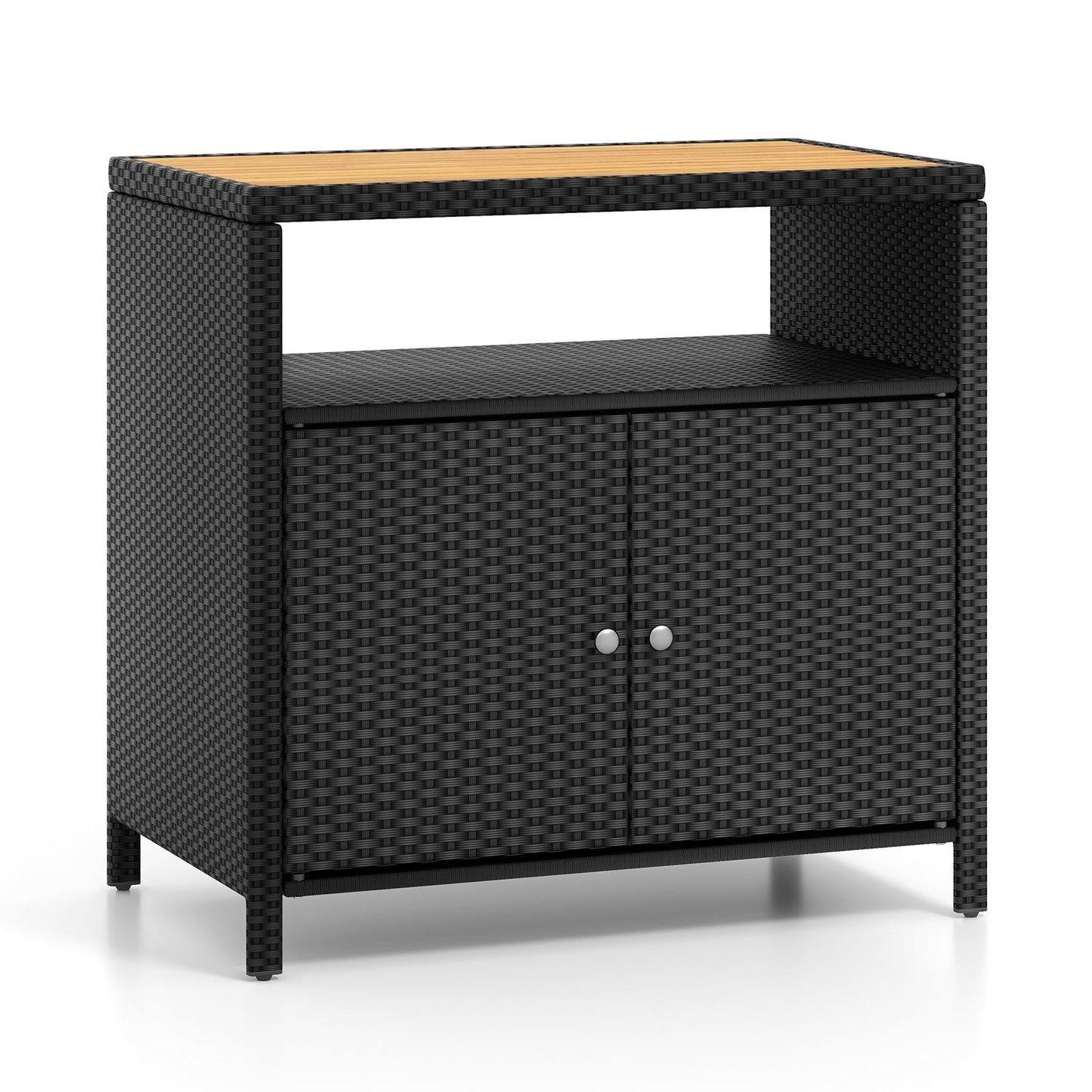 Gabinete de Almacenamiento de Ratán con Encimera de Madera de Acacia para Cubierta de Piscina y Patio-Negro