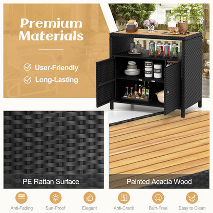 Gabinete de Almacenamiento de Ratán con Encimera de Madera de Acacia para Cubierta de Piscina y Patio-Negro