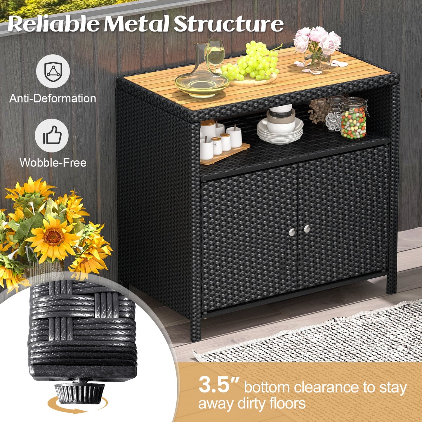 Gabinete de Almacenamiento de Ratán con Encimera de Madera de Acacia para Cubierta de Piscina y Patio-Negro