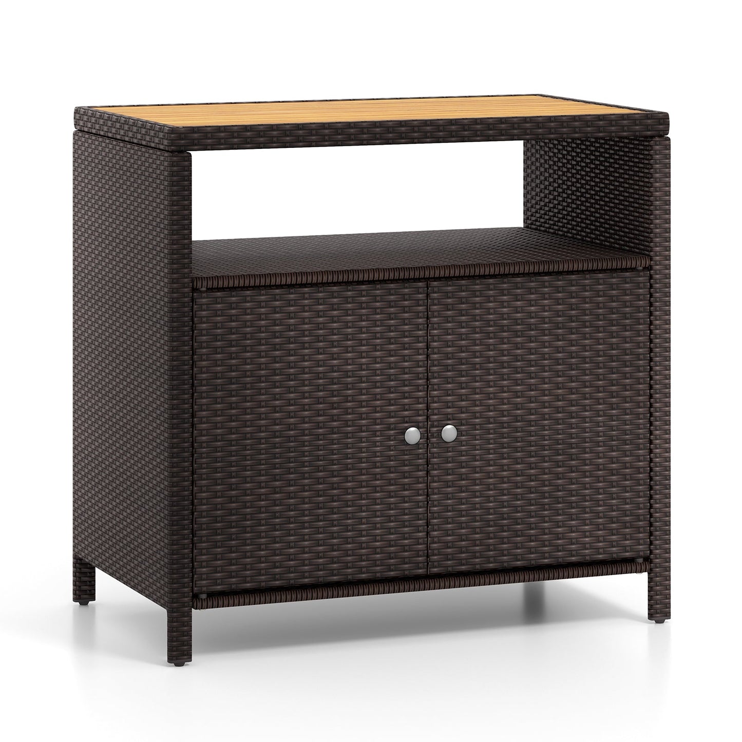 Gabinete de Almacenamiento de Ratán con Encimera de Madera de Acacia para Cubierta de Piscina y Patio-Negro