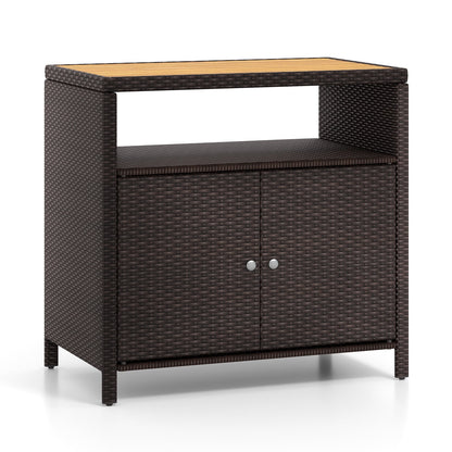 Gabinete de Almacenamiento de Ratán con Encimera de Madera de Acacia para Cubierta de Piscina y Patio-Negro
