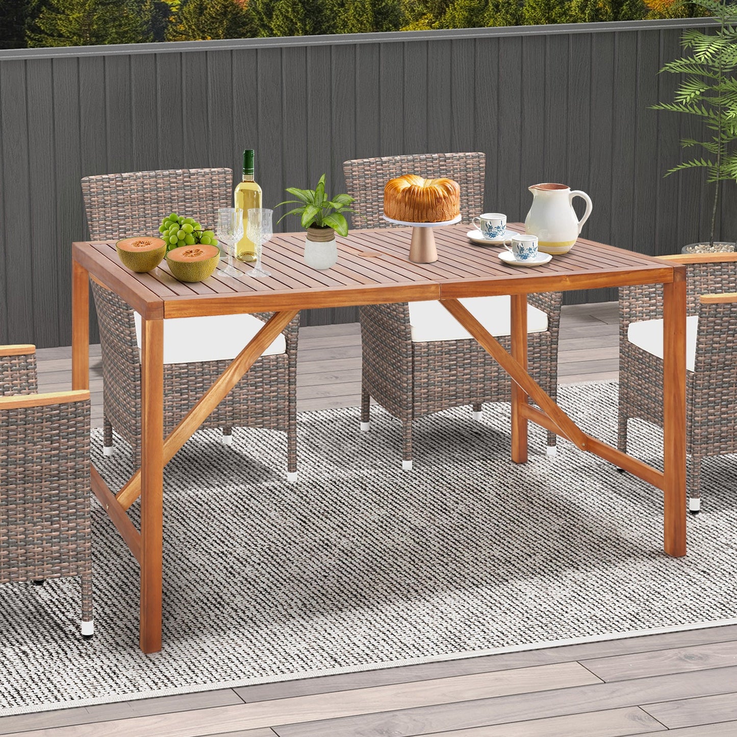 Mesa de comedor rectangular de madera de acacia de 170 cm para patio con orificio para sombrilla