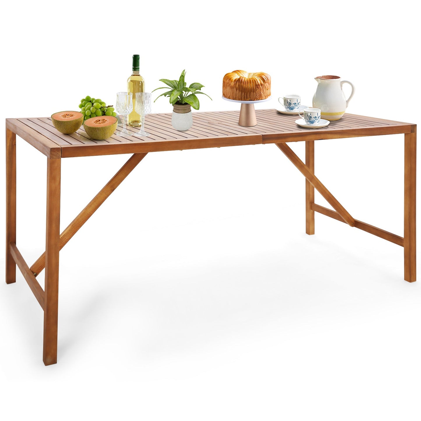 Mesa de comedor rectangular de madera de acacia de 170 cm para patio con orificio para sombrilla
