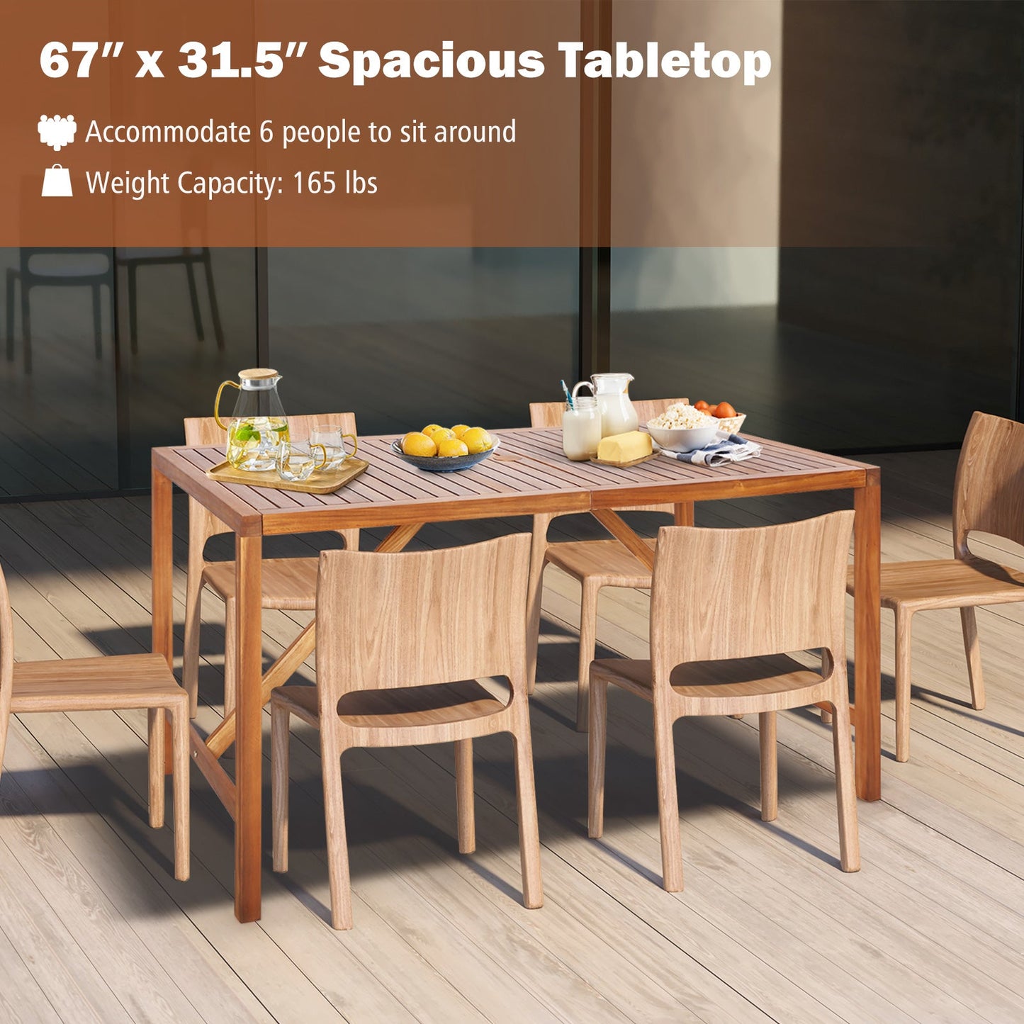 Mesa de comedor rectangular de madera de acacia de 170 cm para patio con orificio para sombrilla