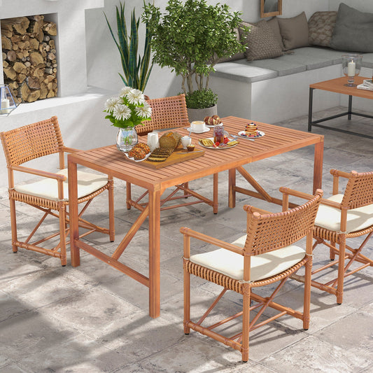 55 Inch Patio Rectangular Acacia Wood Dining Table with Umbrella Hole - Tampa Home & Garden Store
