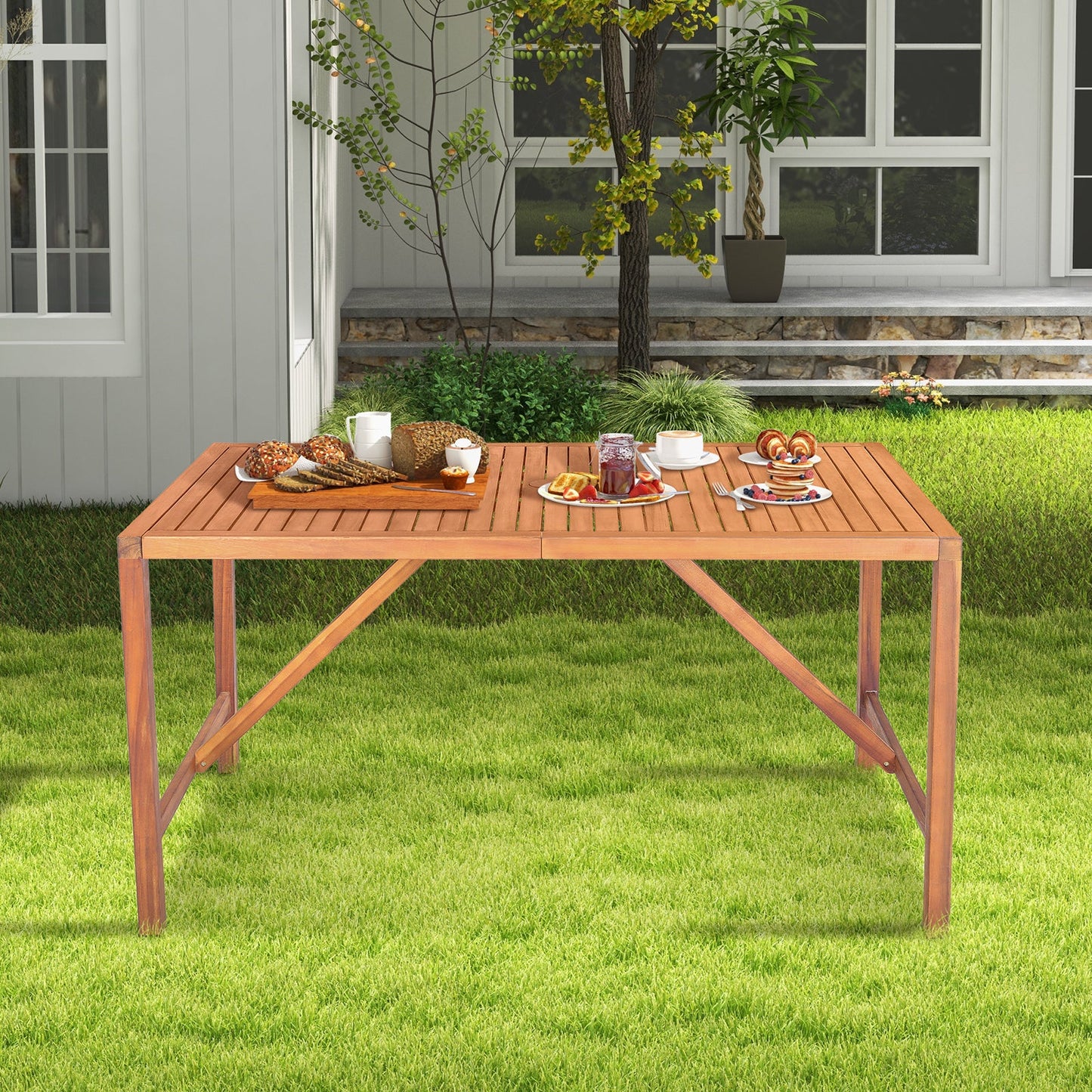 Mesa de comedor rectangular de madera de acacia de 55 pulgadas para patio con orificio para sombrilla
