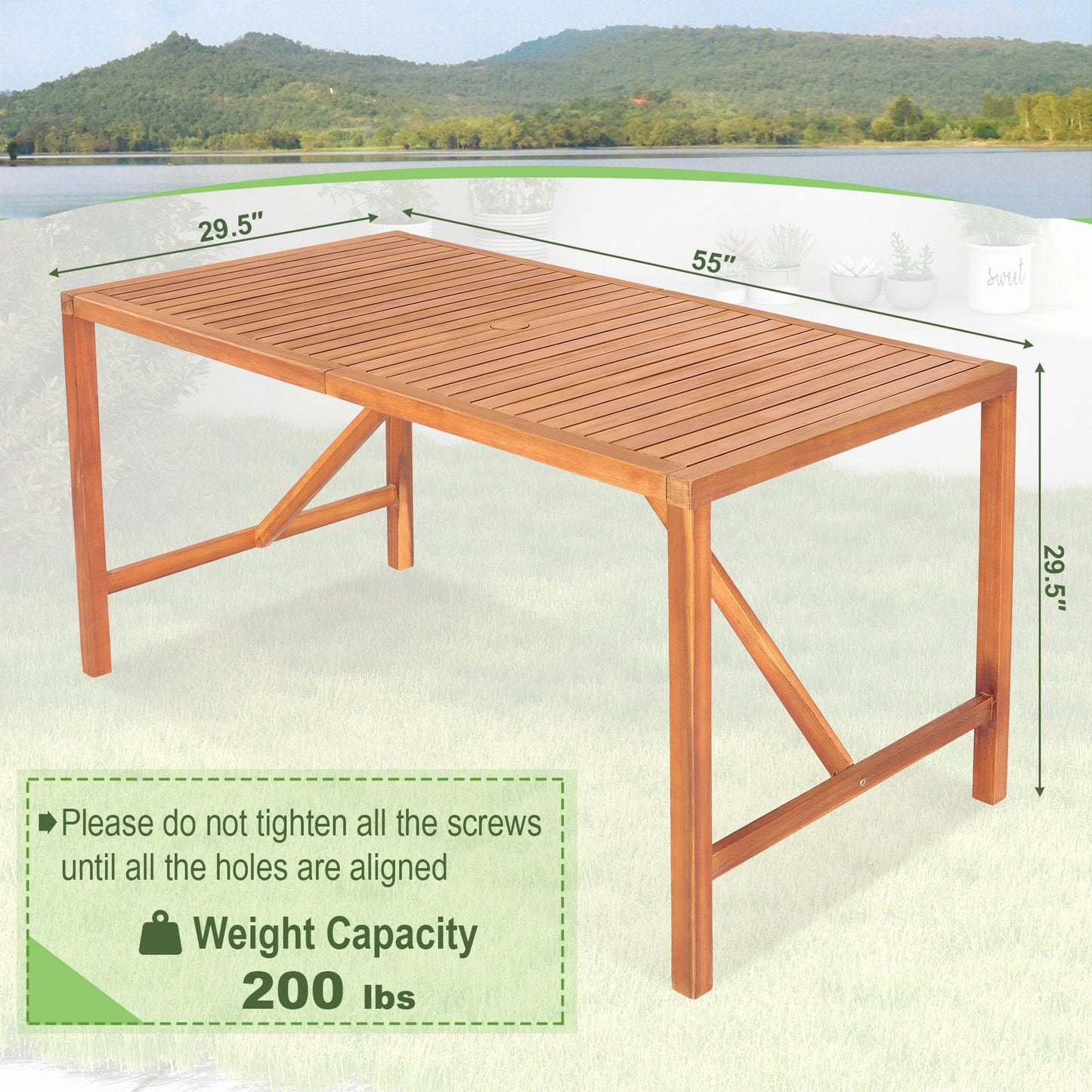 Mesa de comedor rectangular de madera de acacia de 55 pulgadas para patio con orificio para sombrilla