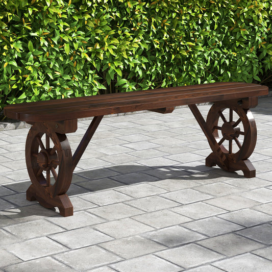 Banco rústico de madera para patio con base de rueda de carreta
