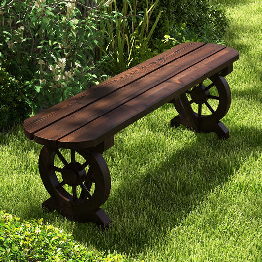 Banco rústico de madera para patio con base de rueda de carreta
