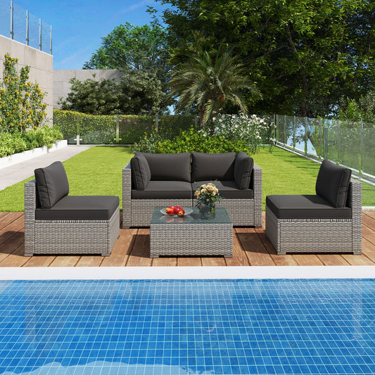 5-Piece Outdoor Patio Sectional Sofa Couch and Glass Coffee Table with Cushions-Black - Tampa Home & Garden Store