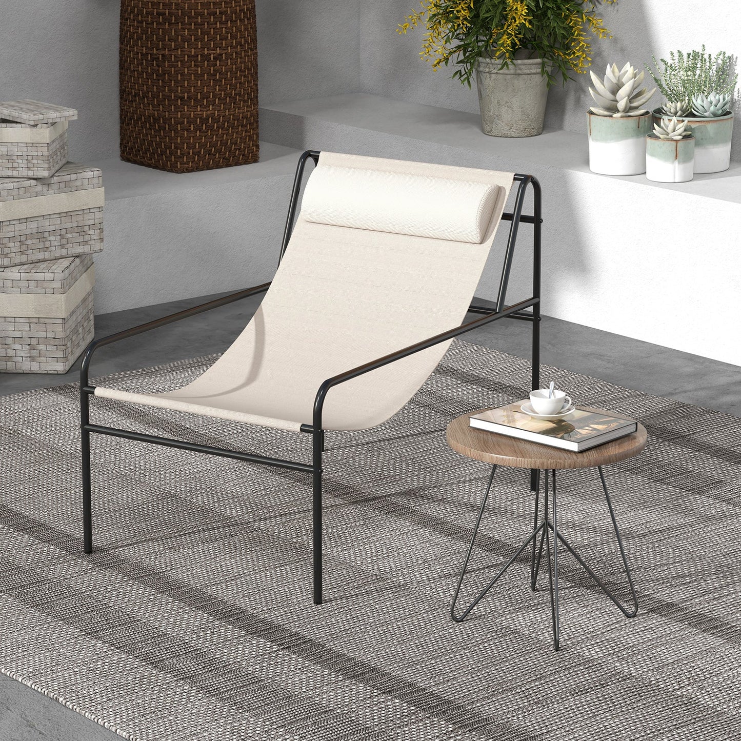 Tumbona con eslinga para patio con almohada reposacabezas extraíble y estructura de metal - Beige