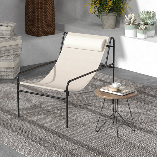 Patio Sling Lounge Chair with Removable Headrest Pillow and Metal Frame-Beige - Tampa Home & Garden Store