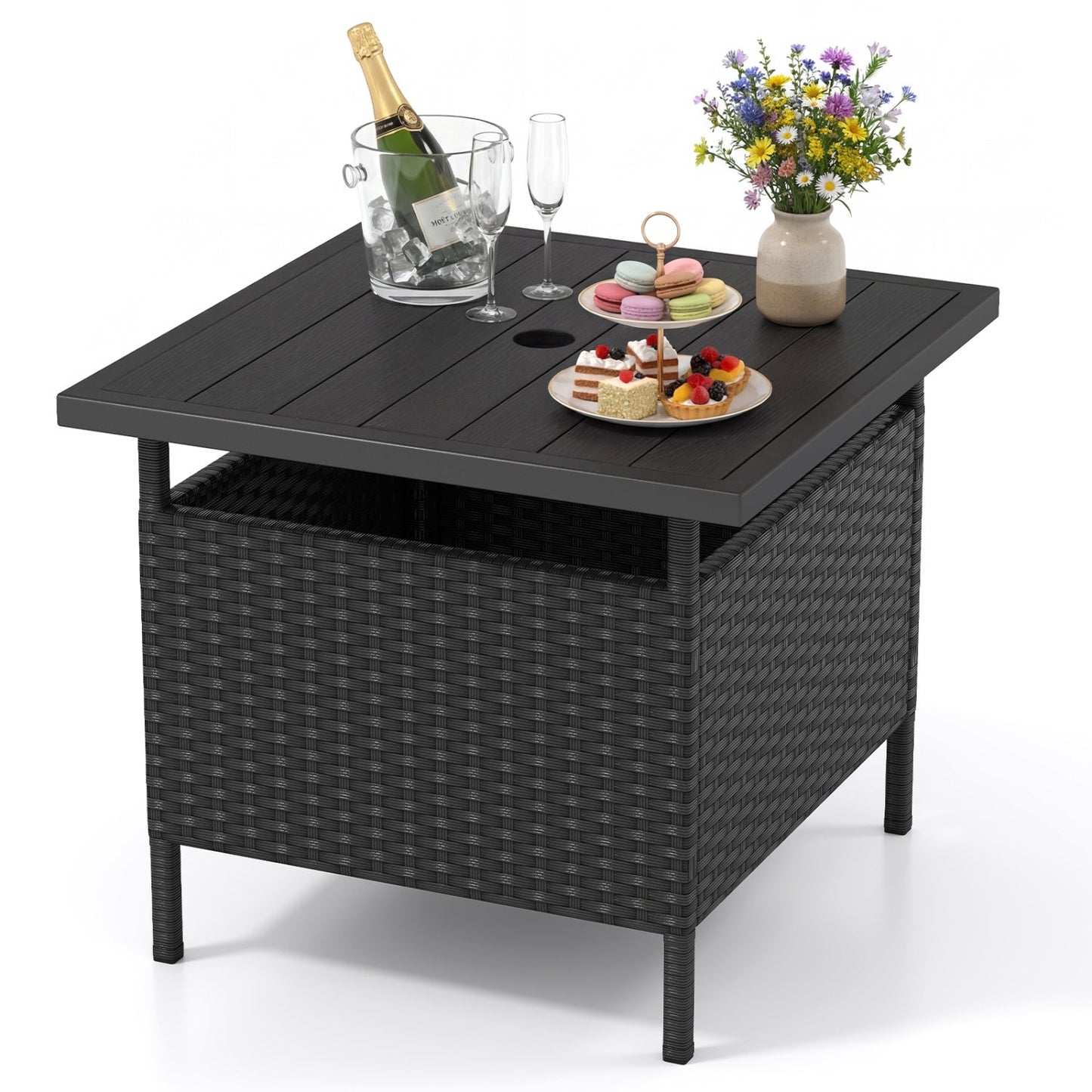 Mesa Auxiliar de Mimbre Cuadrada para Patio con Agujero para Sombrilla para Jardín o Piscina